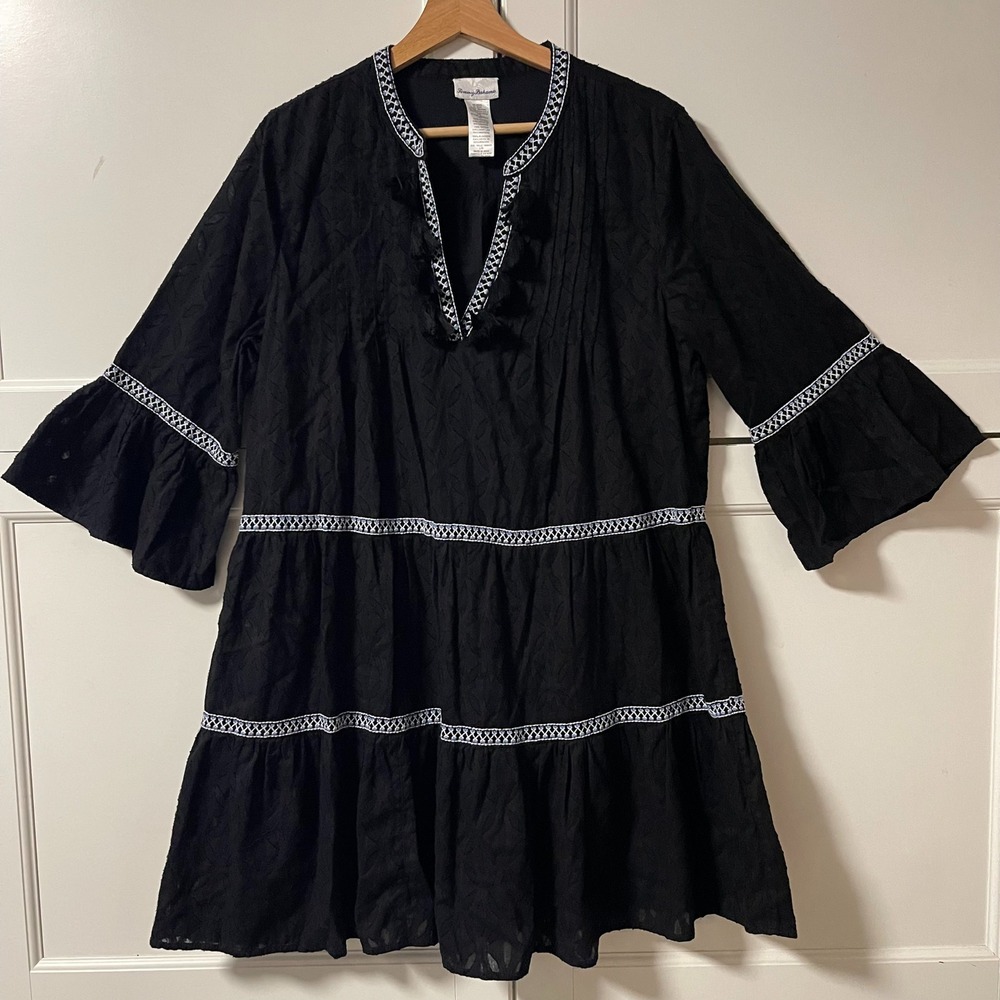 Tommy Bahama Womens Black Cotton Tiered Tassel Mini Dress Bell Sleeve SS500113 L